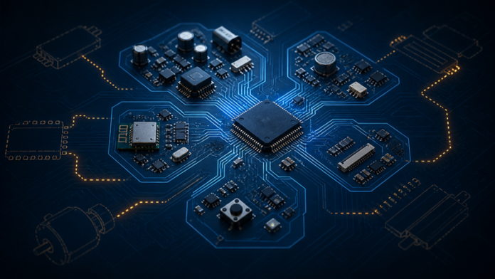 Abstract embedded-system controller architecture with incomplete circuit paths representing unresolved hardware requirements before schematic capture.